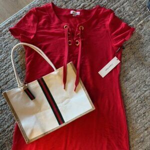 Bundle! NEW Calvin Klein Red Dress & Canvas Summer Bag - Size Large